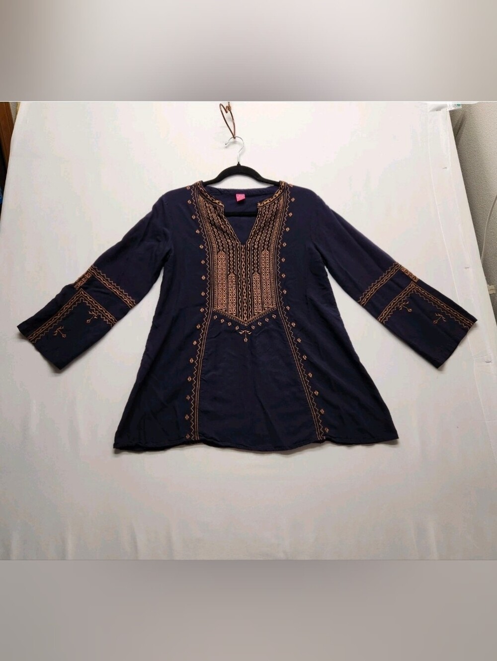 ⭐️Raj Embroidered Tunic deep navy Blue Gold Boho Peasant Blouse Medium M